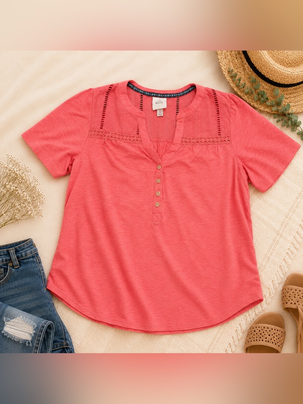 Knox Rose Coral Lace-Yoke Henley Blouse